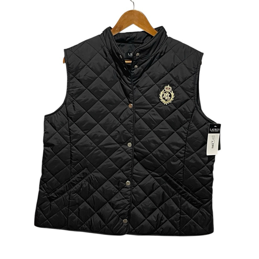 Lauren Ralph Lauren Crest Detail Quilted Vest Large Black